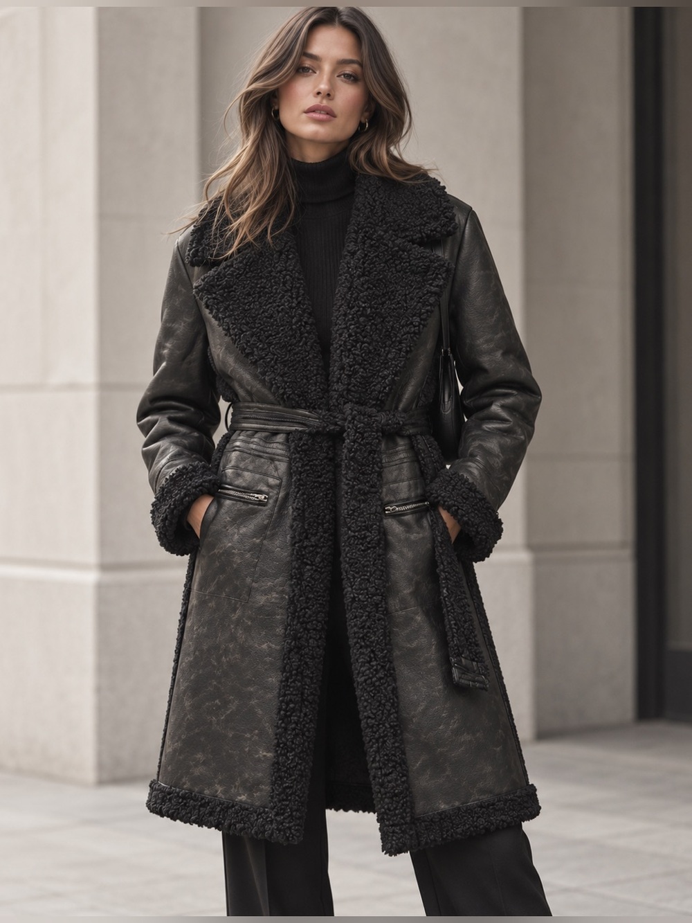 Womens Black Faux-Shearling Belted Coat
